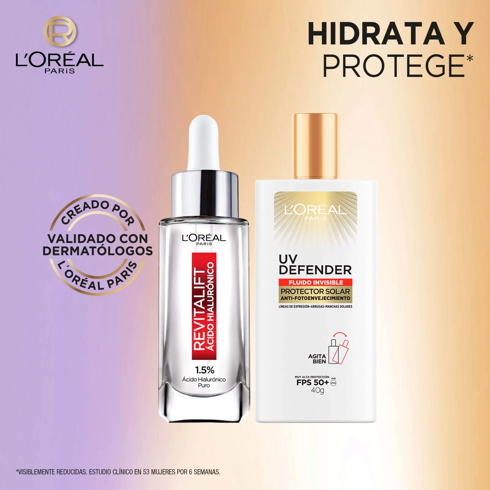 Pack L'Oreal Paris Serum Rostro Ácido Hialurónico + Protector Solar UV Defender Fluid 2